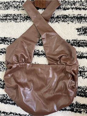 Women's Brown Faux-Leather Halter Top